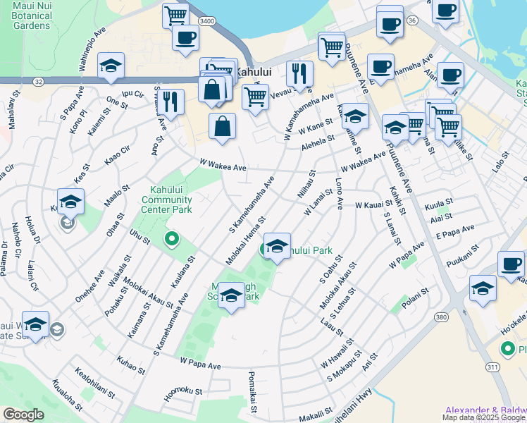 map of restaurants, bars, coffee shops, grocery stores, and more near 340 Molokai Hema Street in Kahului