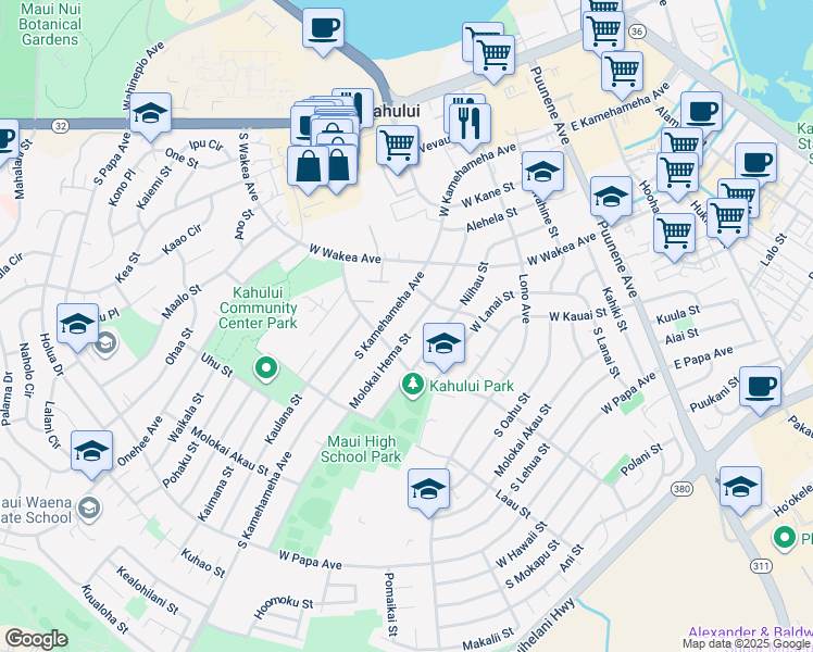 map of restaurants, bars, coffee shops, grocery stores, and more near 340 Molokai Hema Street in Kahului
