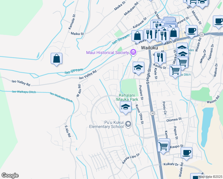 map of restaurants, bars, coffee shops, grocery stores, and more near 158 Puaehu Street in Wailuku
