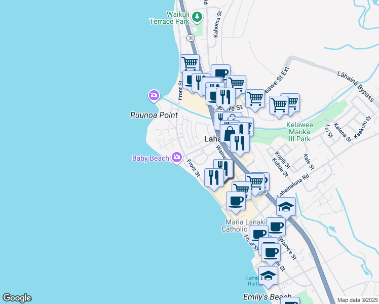 map of restaurants, bars, coffee shops, grocery stores, and more near 100 Kahoma Village Loop in Lahaina