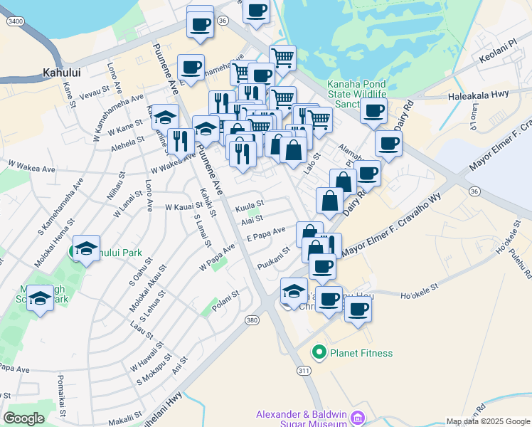 map of restaurants, bars, coffee shops, grocery stores, and more near 67 Aiai Street in Kahului