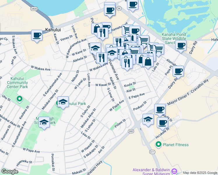 map of restaurants, bars, coffee shops, grocery stores, and more near 375 South Lanai Street in Kahului