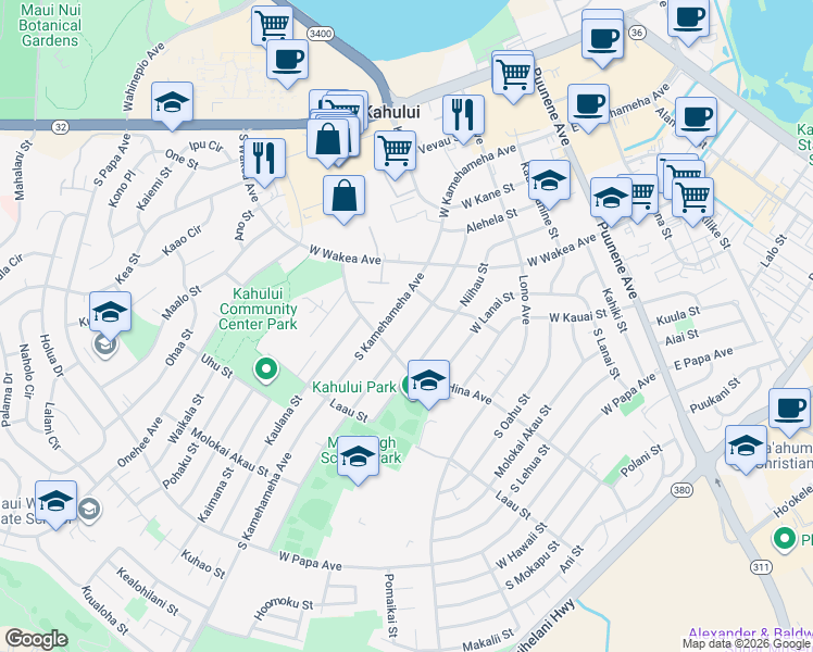 map of restaurants, bars, coffee shops, grocery stores, and more near 340 Molokai Hema Street in Kahului