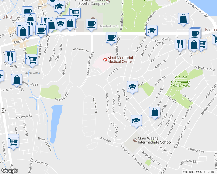 map of restaurants, bars, coffee shops, grocery stores, and more near 280 Palama Drive in Kahului