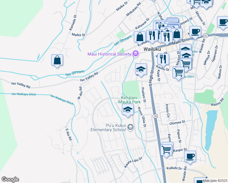 map of restaurants, bars, coffee shops, grocery stores, and more near Po`ouli Street in Wailuku