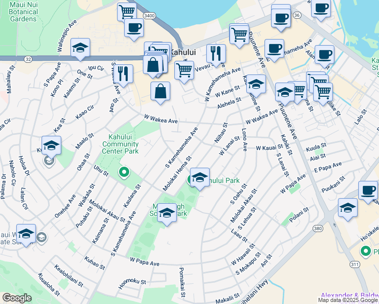 map of restaurants, bars, coffee shops, grocery stores, and more near 340 Molokai Hema Street in Kahului