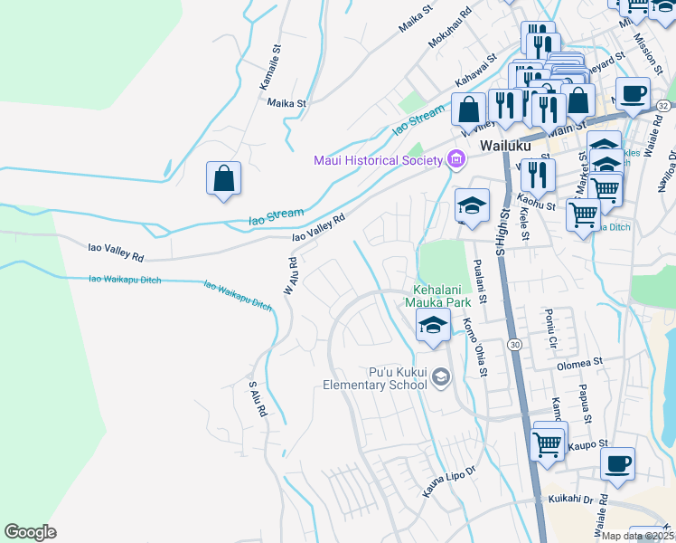 map of restaurants, bars, coffee shops, grocery stores, and more near 131 Kili'o'opu Street in Wailuku