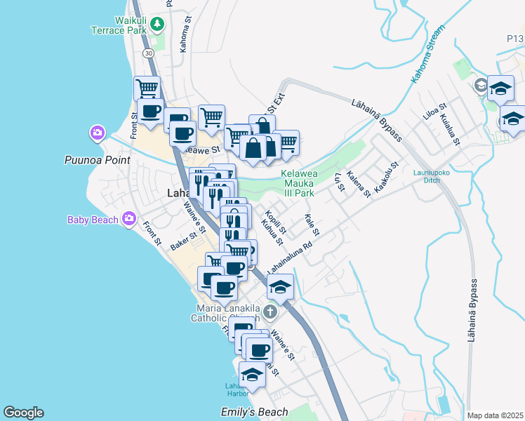 map of restaurants, bars, coffee shops, grocery stores, and more near 909 Kopili Street in Lahaina