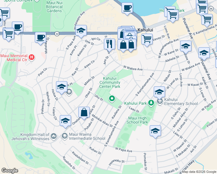 map of restaurants, bars, coffee shops, grocery stores, and more near Wharf Street in Kahului