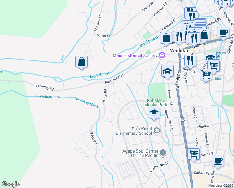 map of restaurants, bars, coffee shops, grocery stores, and more near 136 Naulu Street in Wailuku