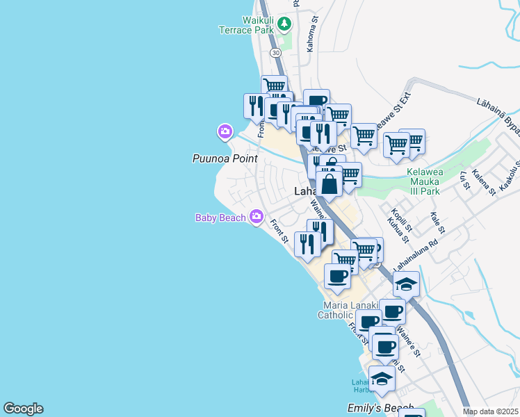 map of restaurants, bars, coffee shops, grocery stores, and more near 1155 Lahilahi Place in Lahaina