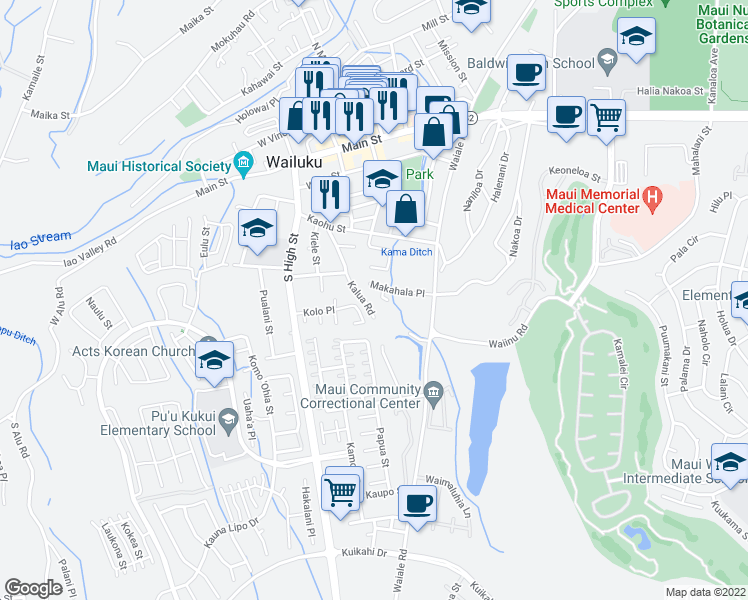 map of restaurants, bars, coffee shops, grocery stores, and more near 447 Poni Place in Wailuku