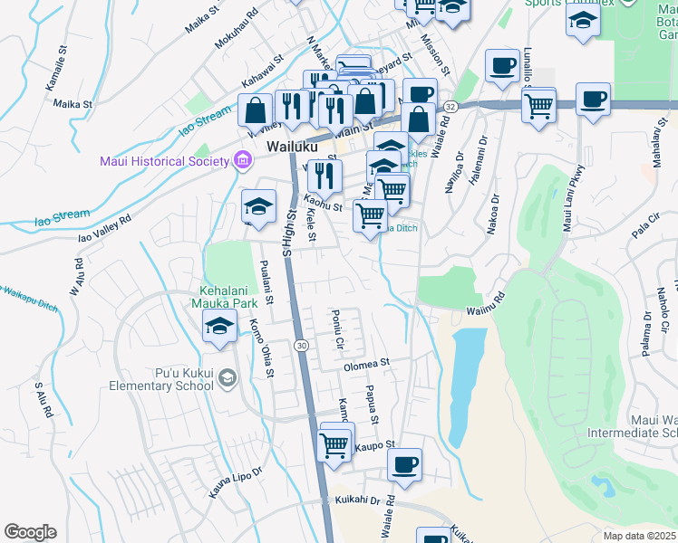 map of restaurants, bars, coffee shops, grocery stores, and more near 2090 Kolo Place in Wailuku
