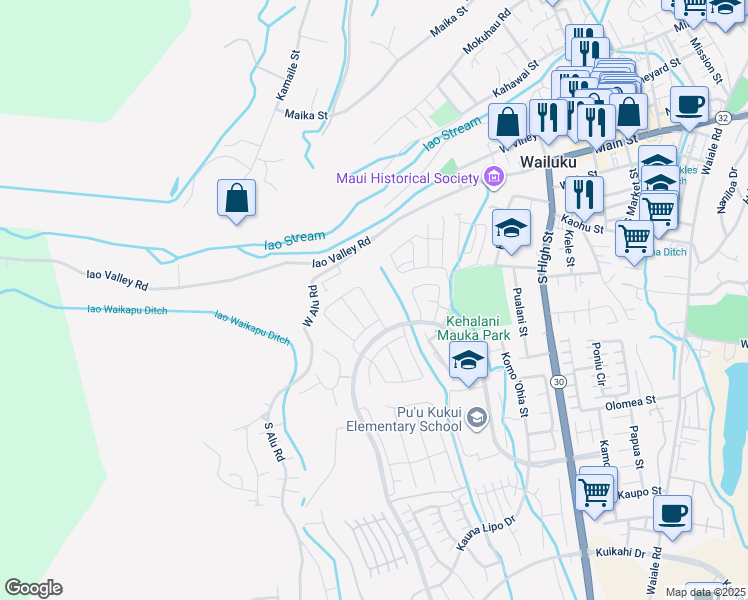 map of restaurants, bars, coffee shops, grocery stores, and more near 128 Kili'o'opu Street in Wailuku
