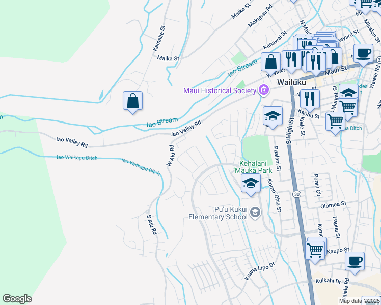 map of restaurants, bars, coffee shops, grocery stores, and more near 136 Naulu Street in Wailuku