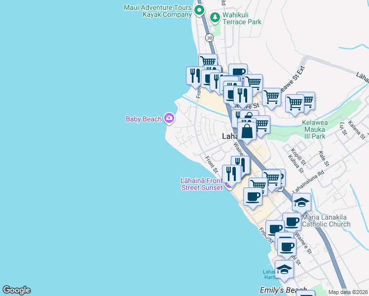 map of restaurants, bars, coffee shops, grocery stores, and more near 45 Kai Pali Place in Lahaina
