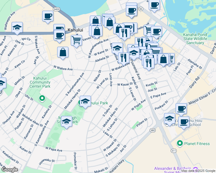 map of restaurants, bars, coffee shops, grocery stores, and more near 171 West Kauai Street in Kahului