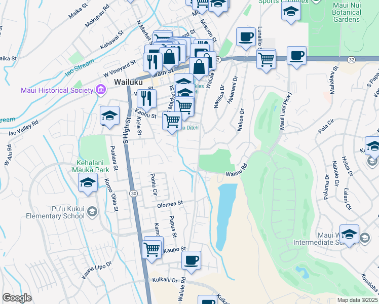 map of restaurants, bars, coffee shops, grocery stores, and more near 1603 Makahala Place in Wailuku