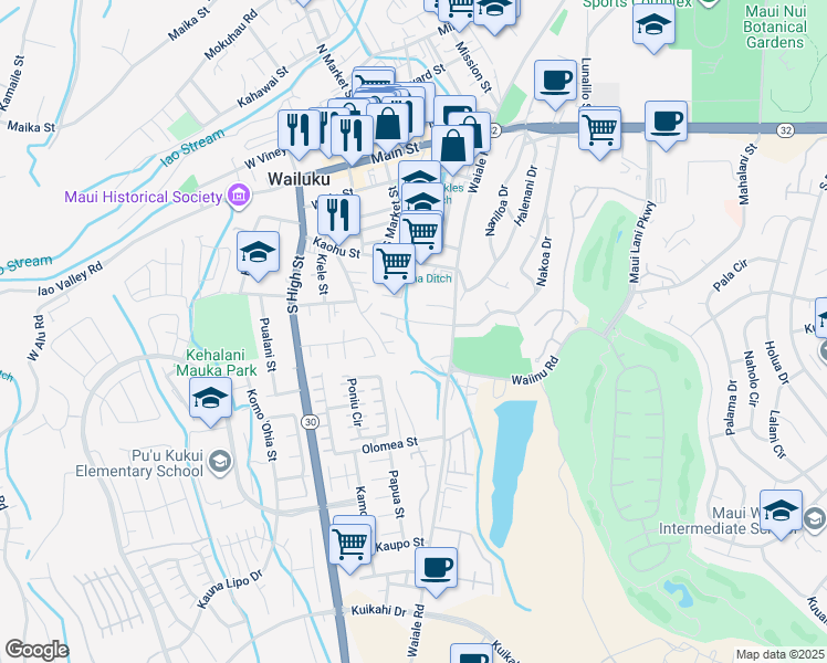 map of restaurants, bars, coffee shops, grocery stores, and more near 1851 Makahala Place in Wailuku