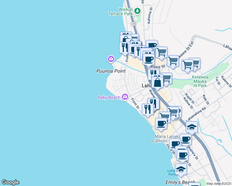 map of restaurants, bars, coffee shops, grocery stores, and more near 45 Kai Pali Place in Lahaina