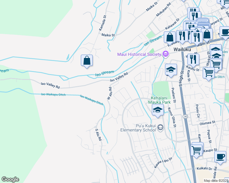 map of restaurants, bars, coffee shops, grocery stores, and more near 204 Kili'o'opu Street in Wailuku