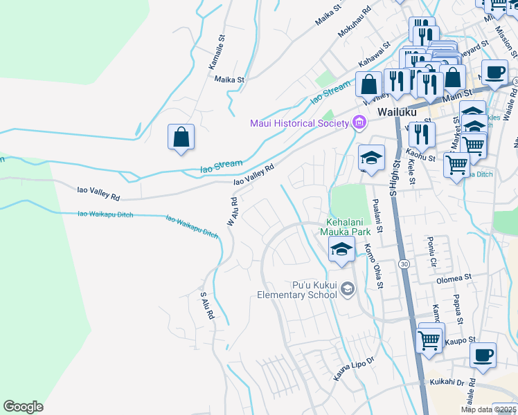 map of restaurants, bars, coffee shops, grocery stores, and more near 136 Naulu Street in Wailuku