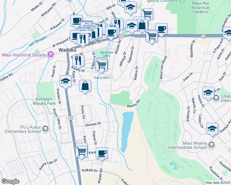 map of restaurants, bars, coffee shops, grocery stores, and more near 378 Nakoa Drive in Wailuku