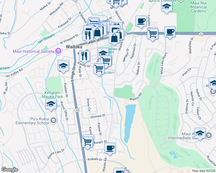 map of restaurants, bars, coffee shops, grocery stores, and more near 1705 Makahala Place in Wailuku