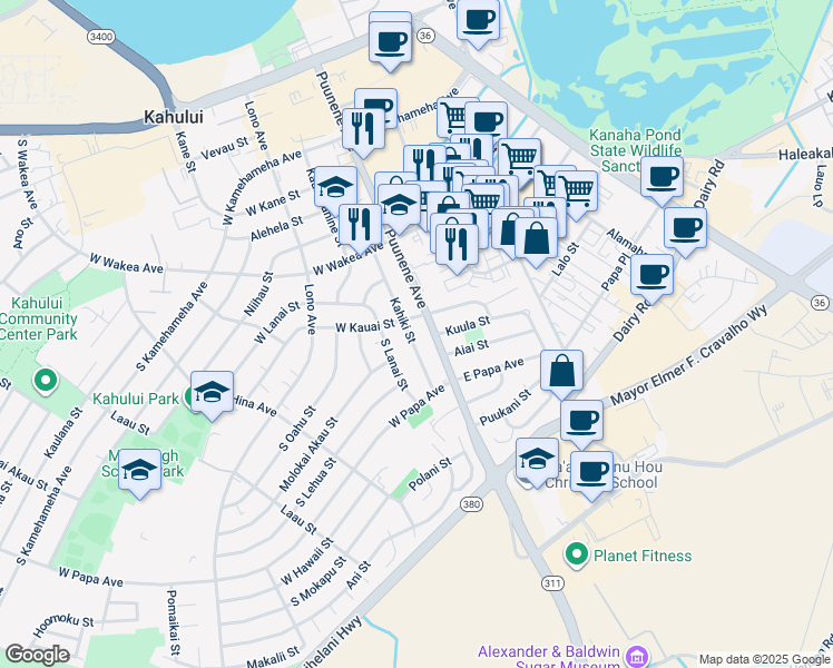 map of restaurants, bars, coffee shops, grocery stores, and more near 381 Kahiki Street in Kahului