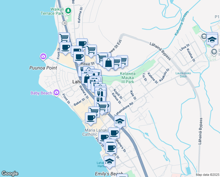 map of restaurants, bars, coffee shops, grocery stores, and more near 920 Kuhua Street in Lahaina