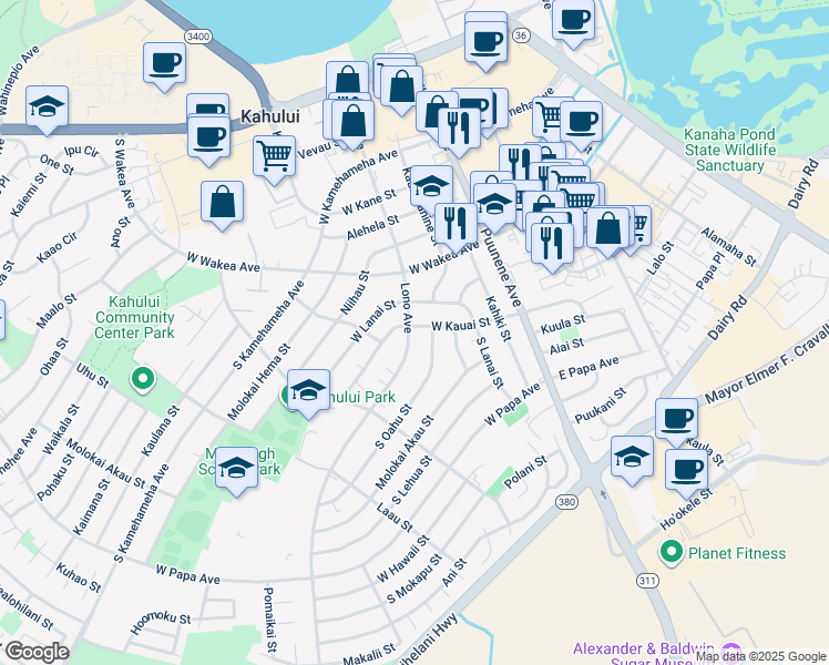 map of restaurants, bars, coffee shops, grocery stores, and more near 351 Lono Avenue in Kahului