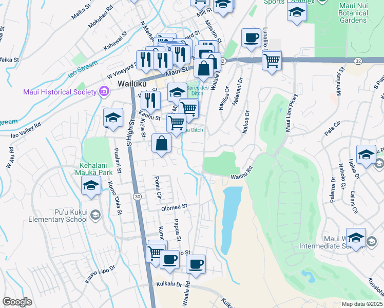 map of restaurants, bars, coffee shops, grocery stores, and more near 1705 Makahala Place in Wailuku