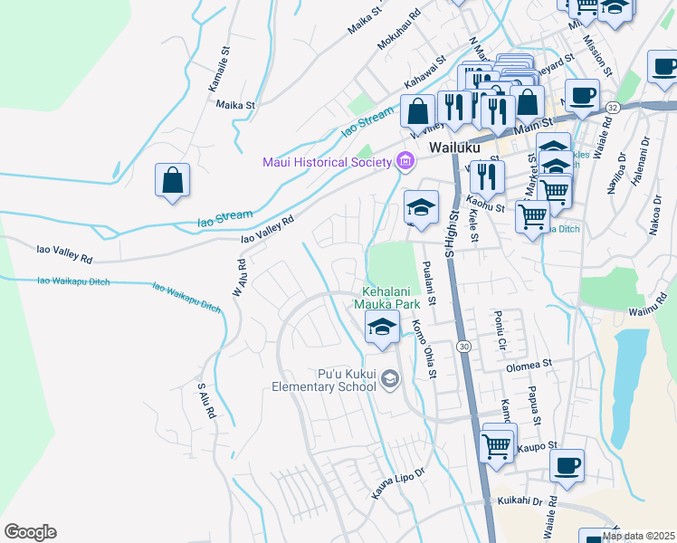 map of restaurants, bars, coffee shops, grocery stores, and more near 172 Puaehu Street in Wailuku