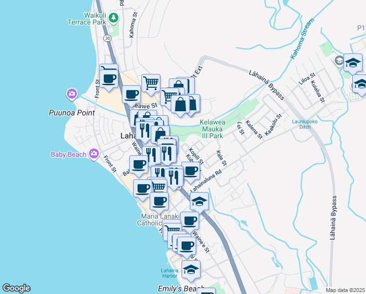 map of restaurants, bars, coffee shops, grocery stores, and more near 920 Kuhua Street in Lahaina