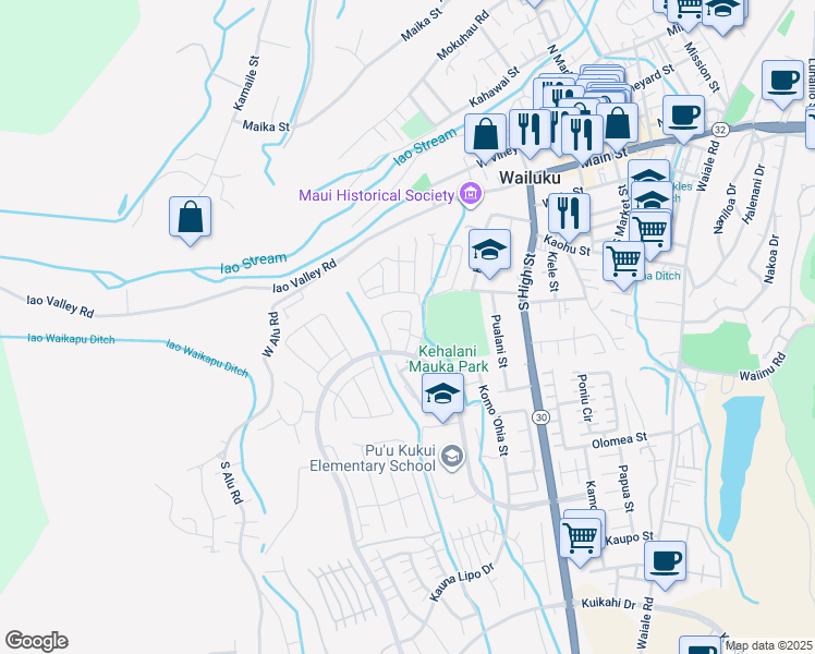 map of restaurants, bars, coffee shops, grocery stores, and more near 352 Puaehu Street in Wailuku