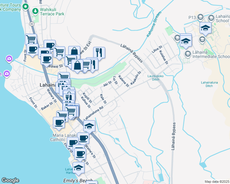 map of restaurants, bars, coffee shops, grocery stores, and more near 827 Kelawea Street in Lahaina