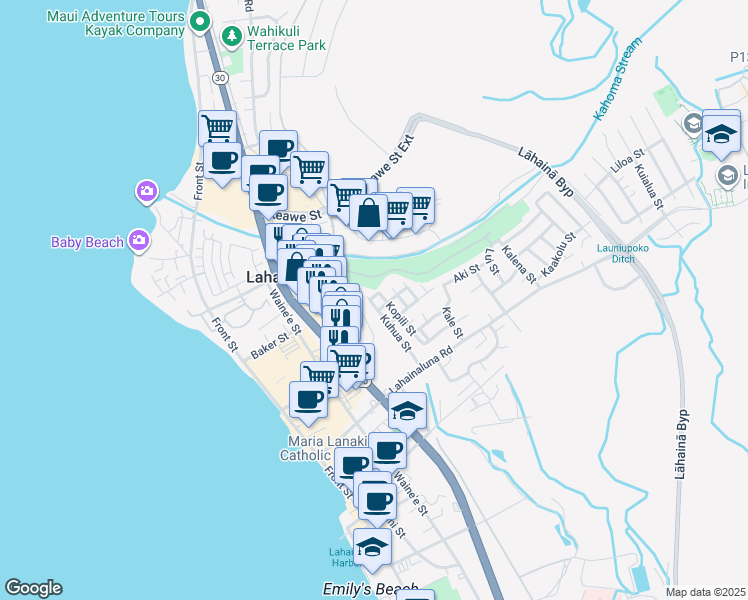 map of restaurants, bars, coffee shops, grocery stores, and more near 920 Kuhua Street in Lahaina