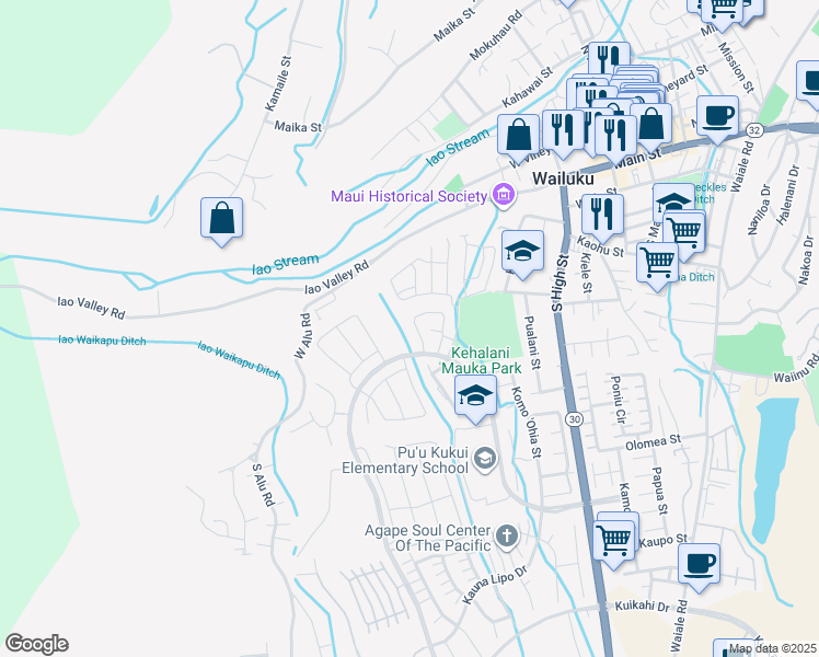 map of restaurants, bars, coffee shops, grocery stores, and more near 187 Puaehu Street in Wailuku