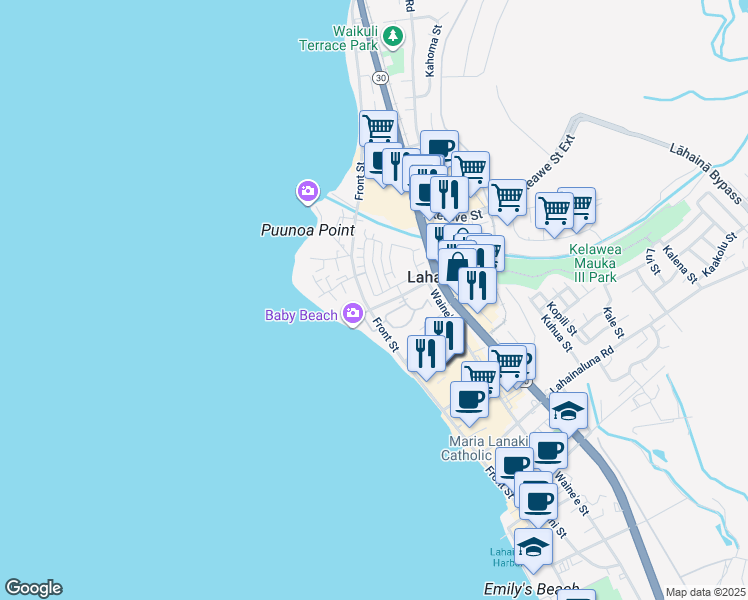 map of restaurants, bars, coffee shops, grocery stores, and more near 94 Kahoma Village Loop in Lahaina