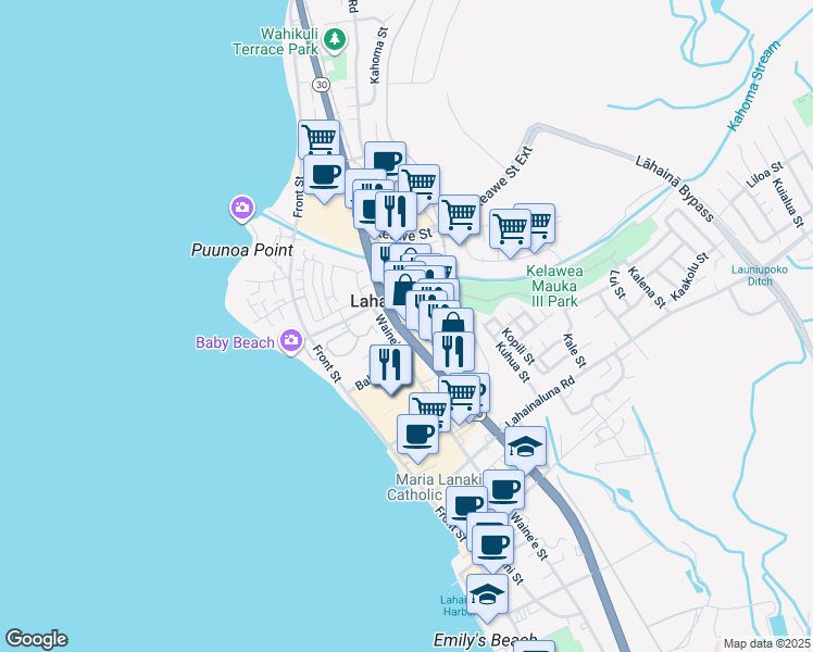 map of restaurants, bars, coffee shops, grocery stores, and more near 126 Hinau Street in Lahaina