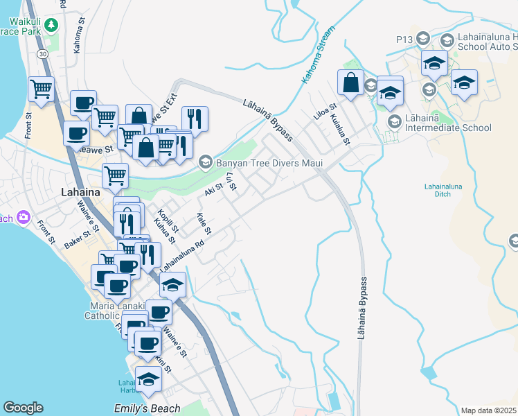 map of restaurants, bars, coffee shops, grocery stores, and more near 536 Lahainaluna Road in Lahaina
