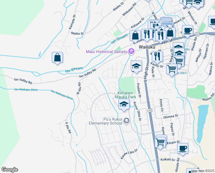 map of restaurants, bars, coffee shops, grocery stores, and more near 199 Puaehu Street in Wailuku