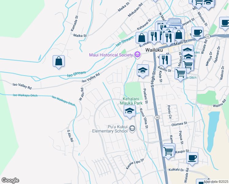 map of restaurants, bars, coffee shops, grocery stores, and more near 172 Puaehu Street in Wailuku