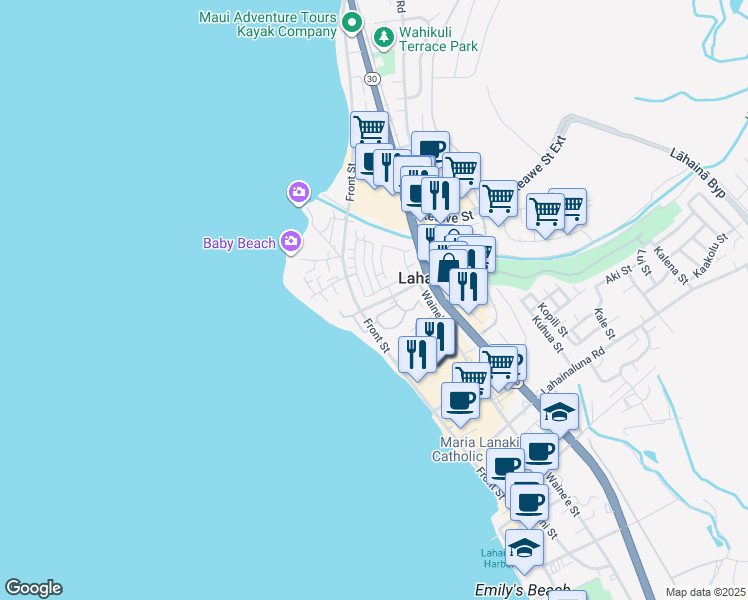 map of restaurants, bars, coffee shops, grocery stores, and more near 118 Kahoma Village Loop in Lahaina