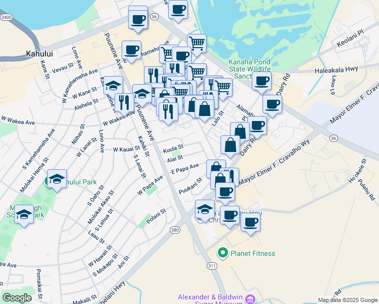 map of restaurants, bars, coffee shops, grocery stores, and more near 81 Aiai Street in Kahului