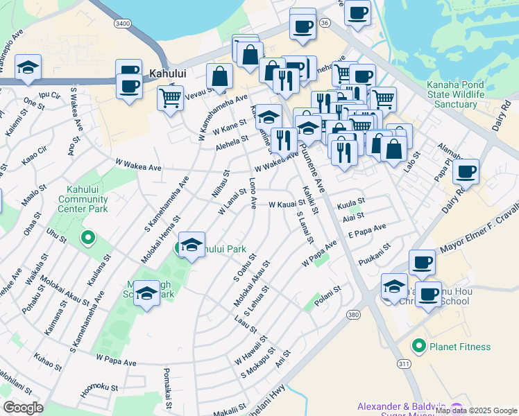 map of restaurants, bars, coffee shops, grocery stores, and more near 350 South Oahu Street in Kahului