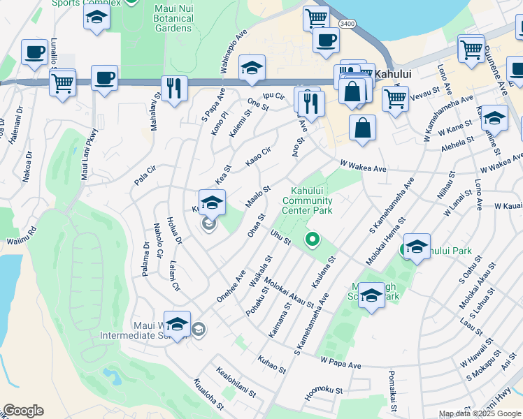 map of restaurants, bars, coffee shops, grocery stores, and more near 222 Ohaa Street in Kahului