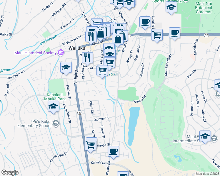 map of restaurants, bars, coffee shops, grocery stores, and more near 1829 Makahala Place in Wailuku