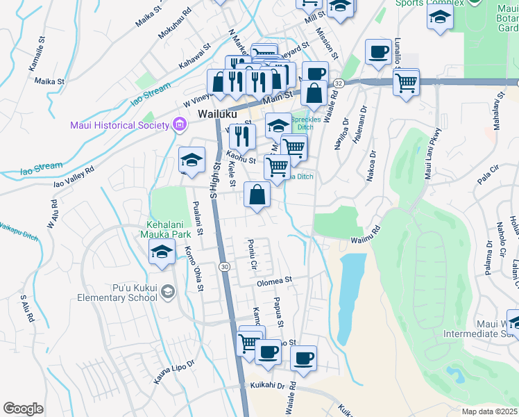 map of restaurants, bars, coffee shops, grocery stores, and more near 2078 Kolo Place in Wailuku