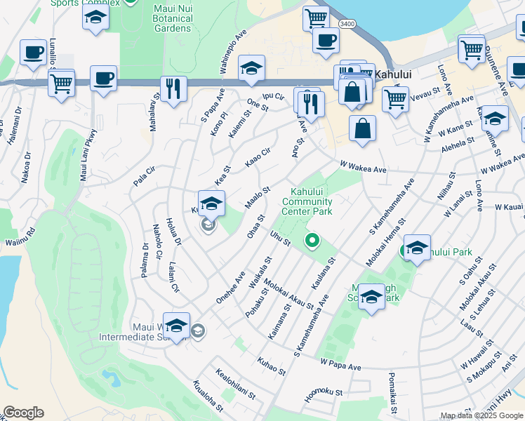 map of restaurants, bars, coffee shops, grocery stores, and more near 222 Ohaa Street in Kahului